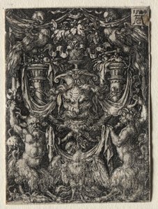 Díszrajz maszkkal és sassal két faun között lent, 1509. alkotó: Heinrich Aldegrever