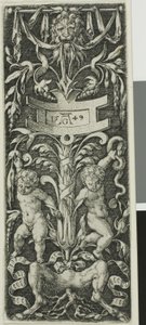 Ornamentális tábla két meztelen fiúval, akik egy szatír lábain állnak alkotó: Heinrich Aldegrever