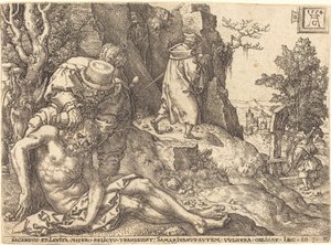Az irgalmas szamaritánus szolgálata az utazónak, 1554. alkotó: Heinrich Aldegrever