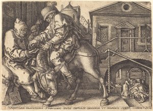 Az irgalmas szamaritánus, aki az utazó szállásáért fizet, 1554. alkotó: Heinrich Aldegrever