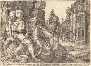 Az irgalmas szamaritánus, aki öszvérre helyezi az utazót, 1554. alkotó: Heinrich Aldegrever