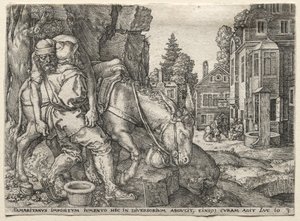 Példabeszéd az irgalmas szamaritánusról: Az irgalmas szamaritánus, aki szamárra ülteti az utazót, 1554. alkotó: Heinrich Aldegrever