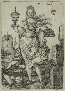 Gazdagság, ötös tányér az erényekből és bűnökből alkotó: Heinrich Aldegrever