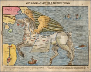 Ca. Heinrich Bünting 1581-es képes térképe, amely Ázsiát Pegazusként ábrázolja.