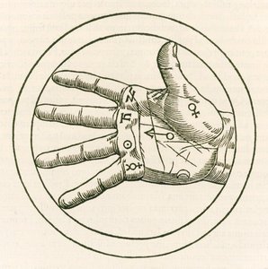 A tenyérjóslás keze című metszet Heinrich Cornelius Agrippa von Nettesheimtől (1486-1535) De occulta philosophia libri tres (Az okkult filozófia három könyve) 1533-ban jelent meg. alkotó: Heinrich Cornelius Agrippa von Nettesheim