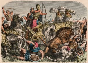 Az ókori Egyiptom: II. Ramszesz fáraó harcol a hettita hadsereg oroszlánjai ellen Kádesben, ie 1274, 1866