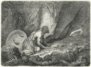 Aristomenes kiszökött a gödörből, amelybe a spártaiak dobták (metszet) alkotó: Heinrich Leutemann