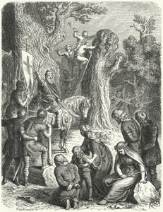 Nagy Károly elrendeli az Irmensaule, a szászok szent tölgyfa kivágását, 772 (metszet)