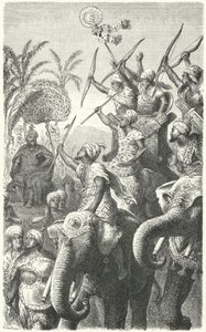 Porus, a Pauravák királya, áttekinti a harci elefántjait (metszet) alkotó: Heinrich Leutemann