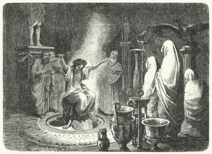 Pythia, a delphoi Apollón-templom főpapnője (metszet)