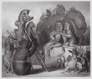 Reynard, a róka: Reynard a kivégzés helyszínén (metszet)