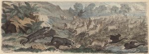 Tasmán tigrisek birkákra támadnak Tasmániában (színes metszet) alkotó: Heinrich Leutemann