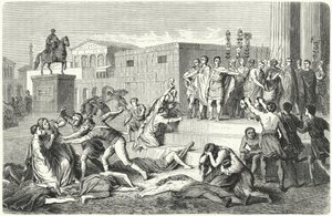 Mark Antonius, Marcus Aemilius Lepidus és Octavianus triumvirátusa, akik tiltásokat hirdettek politikai ellenségeik ellen, ie 43. alkotó: Heinrich Leutemann