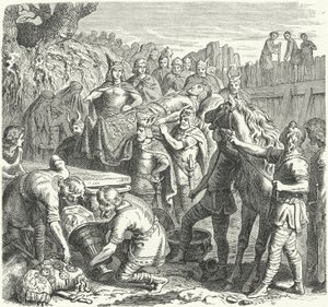 I. Alarik, a vizigótok királyának temetése a Busento folyó medrében, 410 (metszet) alkotó: Heinrich Leutemann