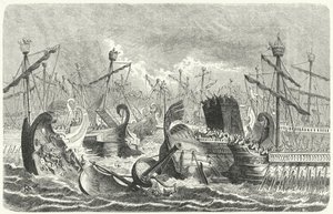 A római flotta győzelme a karthágóiak felett az Aegates-i csatában, ie 241-ben (metszet) alkotó: Heinrich Leutemann