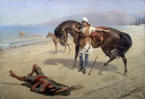 Amazon (Amazon). Egy amazon egy alvó tengerészt fedez fel a parton. Heinrich Genrich Matvejevics Maniser (1847-1925) festménye, olaj, vászon. Orosz művészet, XX. század. Regionális M. Vrubel Művészeti Múzeum, Omszk (Oroszország) alkotó: Heinrich Matvejevich Maniser