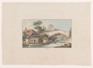Kilátás egy házra egy híd mellett Orbe-ban à Orbe (cím a tárgyon) Svájc kilátásai (sorozat címe) Collection de quelques vues dessinées en Suisse d