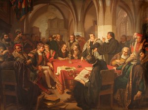 August Noack Vallási párbeszéd a marburgi várban 1869 keret nélkül alkotó: Heinrich Stürzl