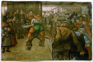 Birkózómérkőzés a bemutatófülkében alkotó: Heinrich Zille