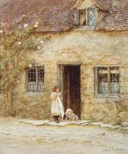 A házikó ajtajában (akvarell kikaparással) alkotó: Helen Allingham