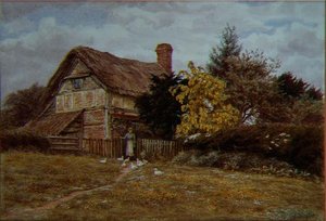 Laburnum Cottage: egy nő kacsát etet (akvarell) alkotó: Helen Allingham