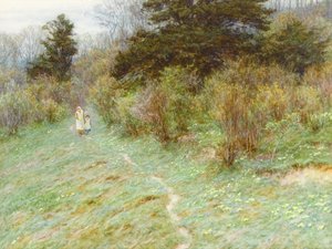 Primroses a Surrey Heath-en (wc papíron) alkotó: Helen Allingham