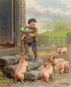Éhes disznók egy farmon egy fehérrépás kosarat cipelő fiút néznek (chromolitho)