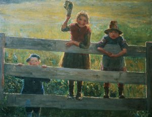 Három kisgyerek a kapuban alkotó: Helga Ring Reusch