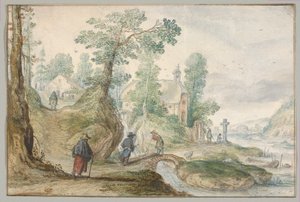 Erdős folyóparti táj templommal és alakokkal alkotó: Hendrick Avercamp