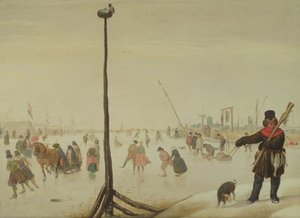 Kacsavadász és kutyája téli tájon (panel) alkotó: Hendrick Avercamp