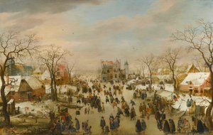 Téli panorámás táj, számtalan alakkal egy befagyott folyón alkotó: Hendrick Avercamp