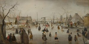 Holland: Jégszórakoztatás egy falusi jégszínpadon alkotó: Hendrick Avercamp