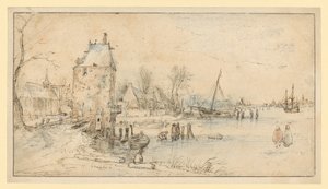 Falu őrtoronnyal és templommal a tó partján alkotó: Hendrick Avercamp