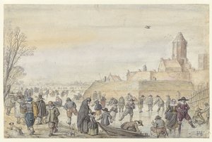 Téli jelenet a befagyott csatornán a Kalverhekkenpoort közelében, Kampen / verso: Vázlatok alakokról a jégen alkotó: Hendrick Avercamp