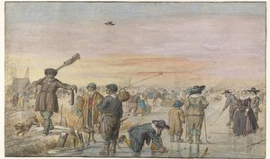 Téli jelenet a jégen, egy vadász vidrat mutatva alkotó: Hendrick Avercamp