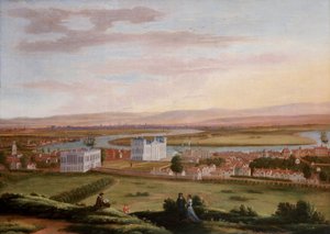 Greenwich és a Királynő háza délkeleti irányból, 1670 körül, az Old Woolwich Road balra a Királynő háza alatt halad el, jobbra pedig a Király új háza látható (jelenleg a Károly király bírósági épület (a Királyi Haditengerészet egykori épülete))