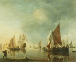 Nyugodt tengeren horgonyzó hajózás; esti fény, 1650-60 körül (olaj, panel) alkotó: Hendrick Dubbels