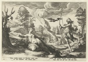 Apollo doodt Coronis Ovidius Metamorfosen (sorozat címe) alkotó: Hendrick Goltzius (workshop of)