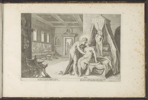 Apolló elcsábítja Leucotheát Ovidius metamorfózisai (sorozat címe) P. Ovidius Naso újraalkotásai (sorozat címe) alkotó: Hendrick Goltzius (workshop of)