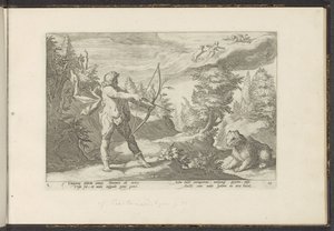 Arcas Callistóra célozza a nyilát Ovidius metamorfózisai (sorozat címe) P. Ovidius Naso rekreációi (sorozat címe) alkotó: Hendrick Goltzius (workshop of)