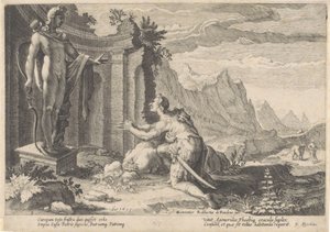 Kadmus tanácsot kér a delphi jósdától Ovidius metamorfózisai (sorozat címe) alkotó: Hendrick Goltzius (workshop of)