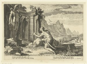 Cadmus megkérdezi Delphi jósát, mit tegyen most, hogy nem találta nővérét, Európát Ovidius metamorfózisai (sorozat címe) alkotó: Hendrick Goltzius (workshop of)