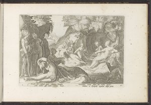 Diana felfedezi Callisto terhességét Ovidius metamorfózisai (sorozat címe) P. Ovidius Naso újraalkotásai (sorozat címe) alkotó: Hendrick Goltzius (workshop of)