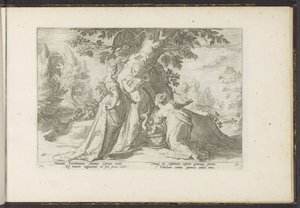 Cecrops lányai kinyitják Minerva kosarát Ovidius metamorfózisai (sorozat címe) P. Ovidius Naso újraalkotásai (sorozat címe) alkotó: Hendrick Goltzius (workshop of)
