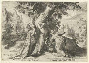 Cecrops lányai kinyitják Minerva kosarát Ovidius metamorfózisai (sorozat címe) alkotó: Hendrick Goltzius (workshop of)
