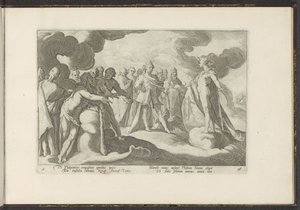 Az istenek arra kérik a napistent, hogy lovagoljon újra a szekerén Ovidius metamorfózisai (sorozat címe) P. Ovidius Naso újraalkotásai (sorozat címe) alkotó: Hendrick Goltzius (workshop of)