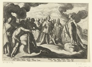Az istenek arra kérik a napistent, hogy lovagoljon újra a szekerén Ovidius metamorfózisai (sorozat címe) alkotó: Hendrick Goltzius (workshop of)