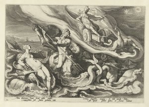 Juno panaszkodik Thetisnek és Oceanusnak Ovidius metamorfózisai (sorozat címe) alkotó: Hendrick Goltzius (workshop of)