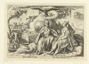 Jupiter és Juno megvitatják, hogy a nemek közül melyikben van nagyobb szerelemvágy Ovidius metamorfózisai (sorozat címe) alkotó: Hendrick Goltzius (workshop of)