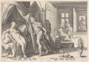 Mercury meglátogatja Hersét Ovidius metamorfózisai (sorozat címe) alkotó: Hendrick Goltzius (workshop of)